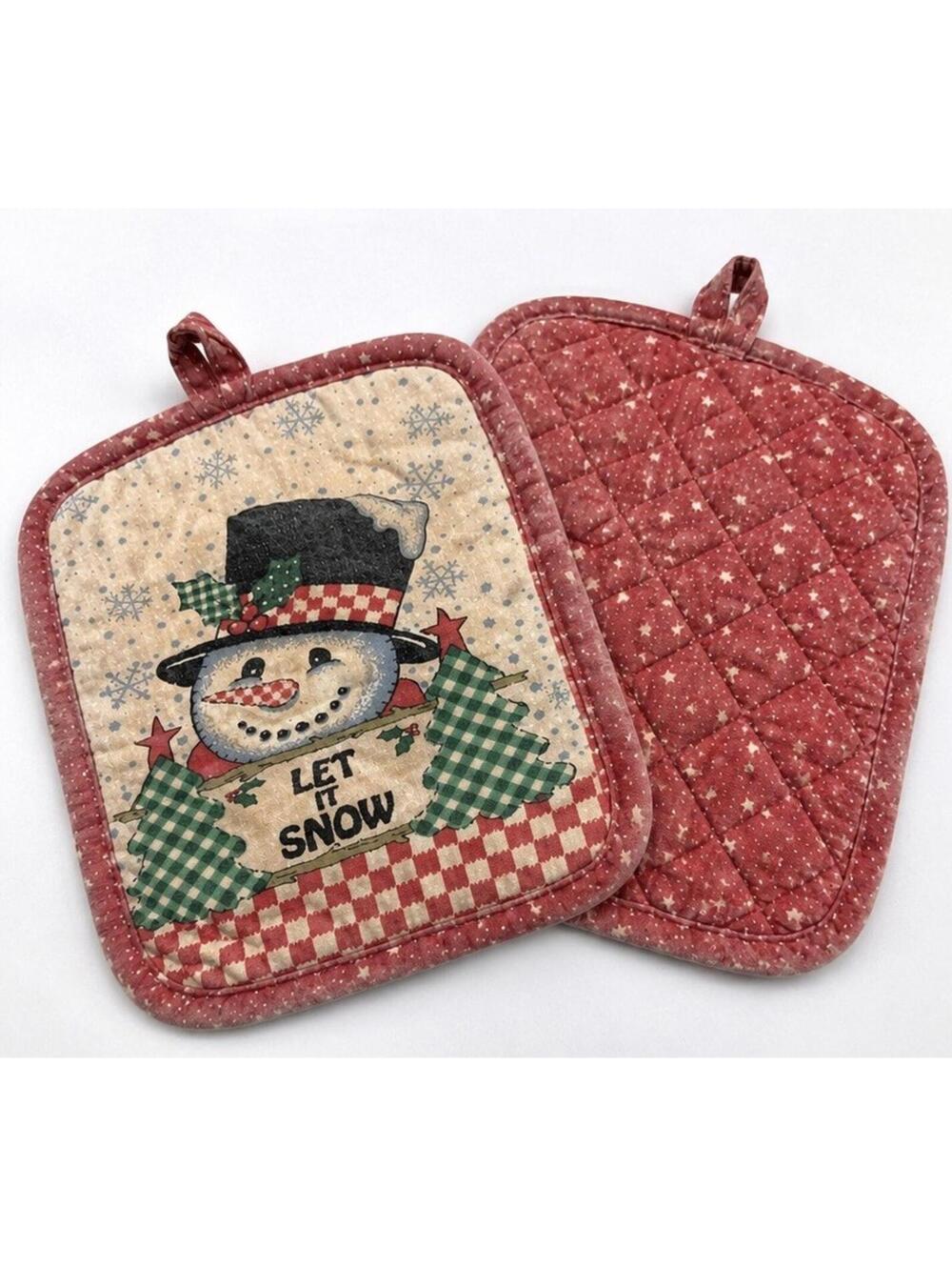Vintage Christmas Snowman Pot Holder Set Let It Snow Quilted Red Decor Preowned